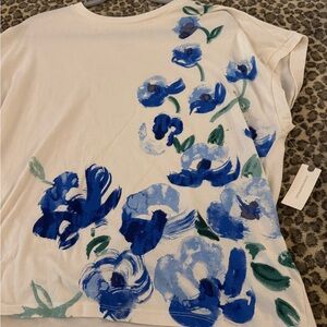Anthropologie Blue and White Floral Short Sleeve Top